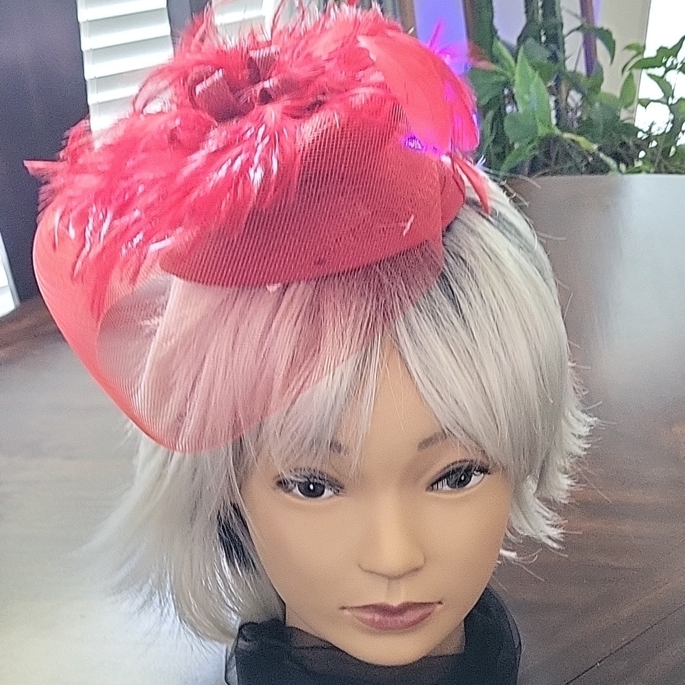 Vibrant Red Plush Dome Hat with Feathery Texture